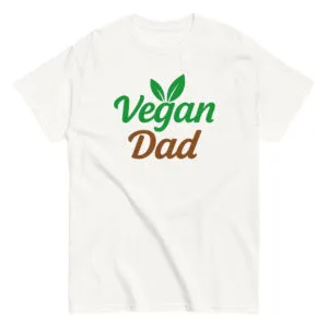 White t-shirt with 'Vegan Dad' and leaf design