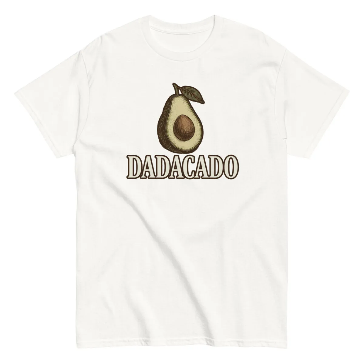 White t-shirt with avocado and 'DADACADO' print.