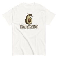 White t-shirt with avocado and 'DADACADO' print.