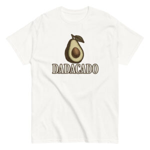 White t-shirt with avocado and 'DADACADO' print.