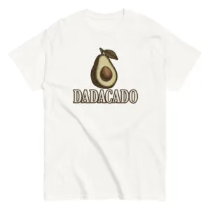 White t-shirt with avocado and 'DADACADO' print.