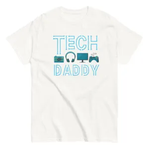 White t-shirt with 'Tech Daddy' print