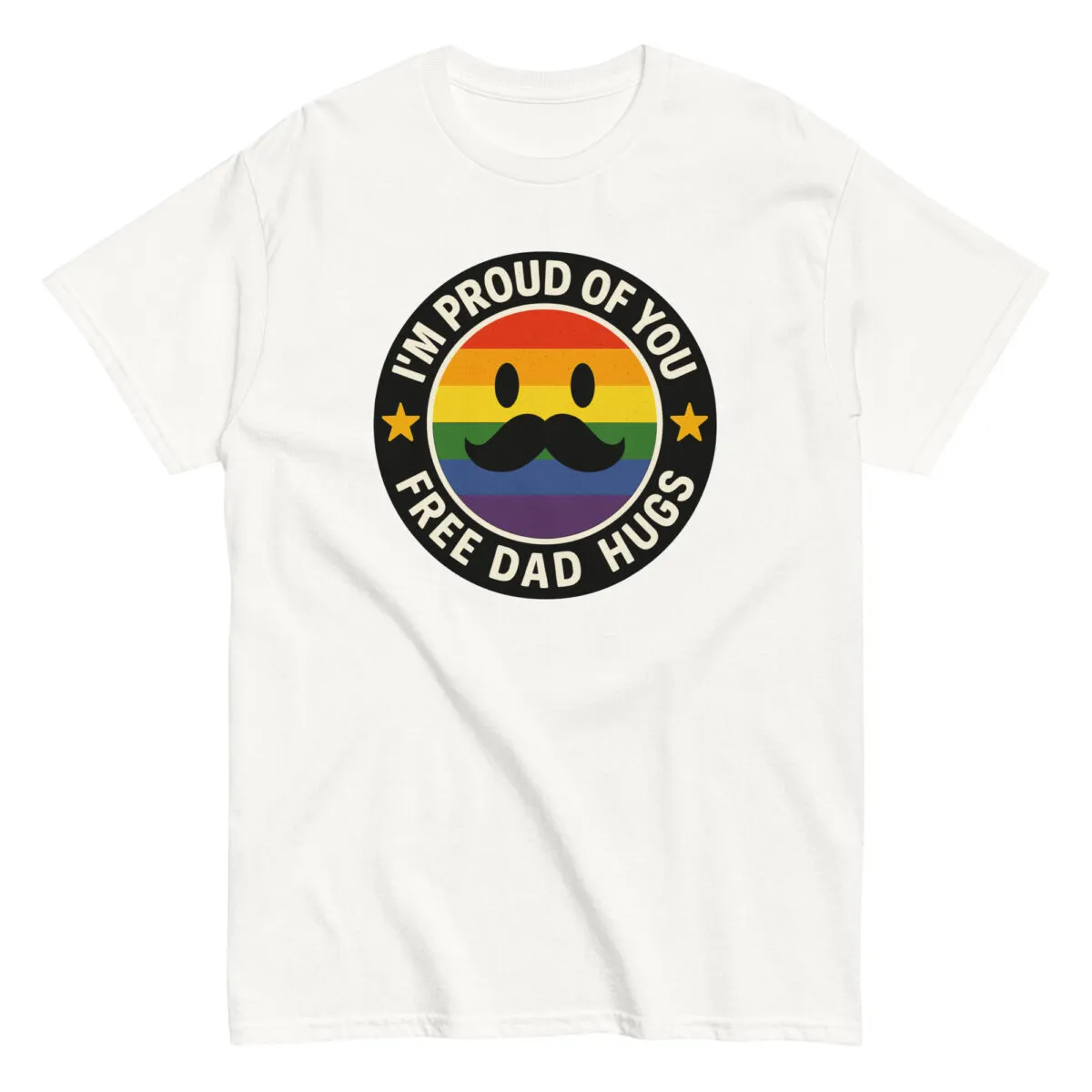 Pride t-shirt with 'Free Dad Hugs' message