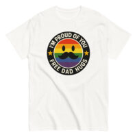Pride t-shirt with 'Free Dad Hugs' message
