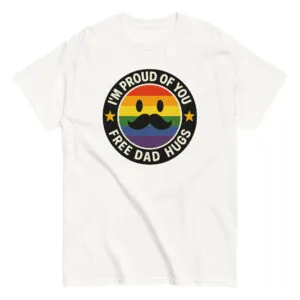Pride t-shirt with 'Free Dad Hugs' message