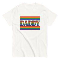 White t-shirt with rainbow 'DADDY' design