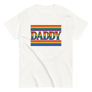 White t-shirt with rainbow 'DADDY' design