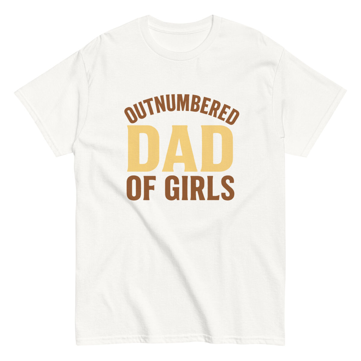 White t-shirt with 'Outnumbered Dad of Girls' design.