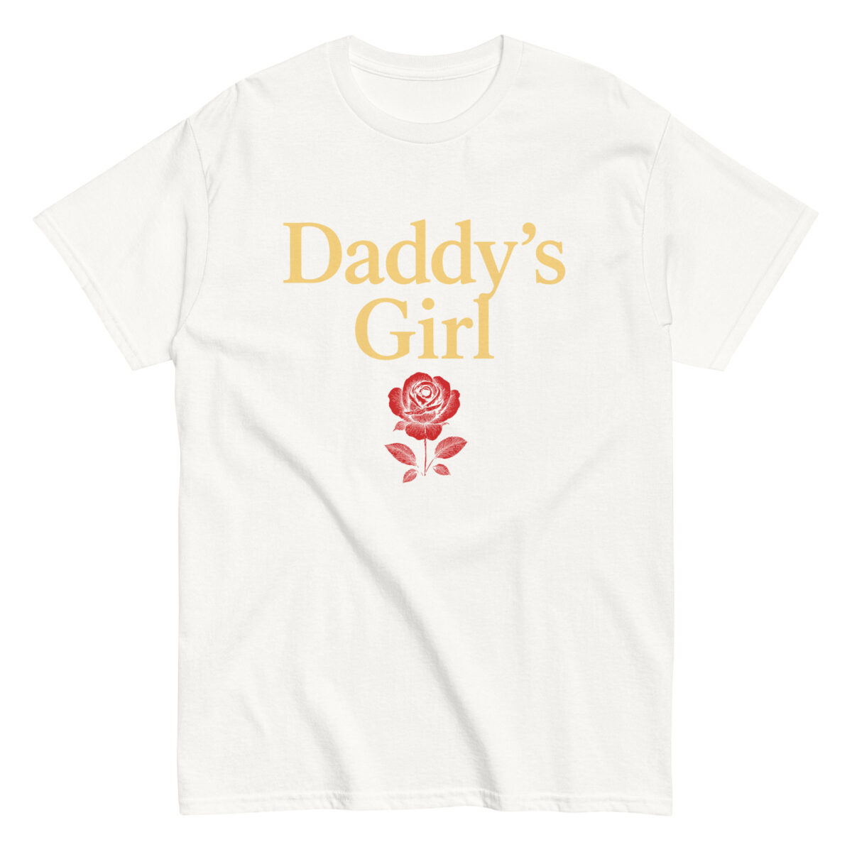 White T-shirt with 'Daddy's Girl' and rose design.