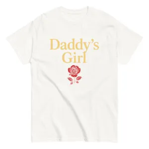 White T-shirt with 'Daddy's Girl' and rose design.