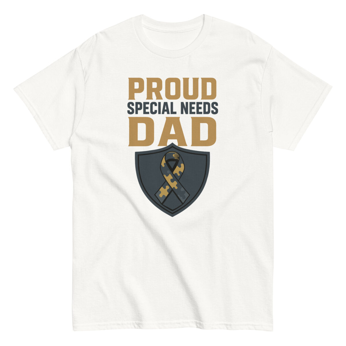 Proud special needs dad T-shirt with puzzle ribbon.