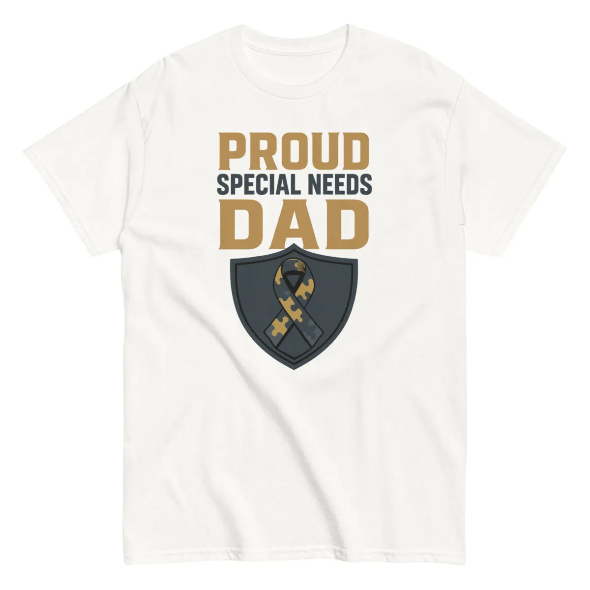 Proud special needs dad T-shirt with puzzle ribbon.