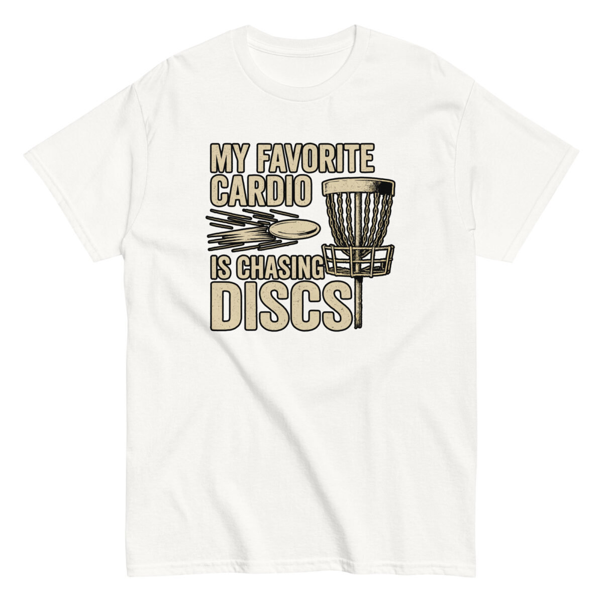 T-shirt with disc golf design and slogan.