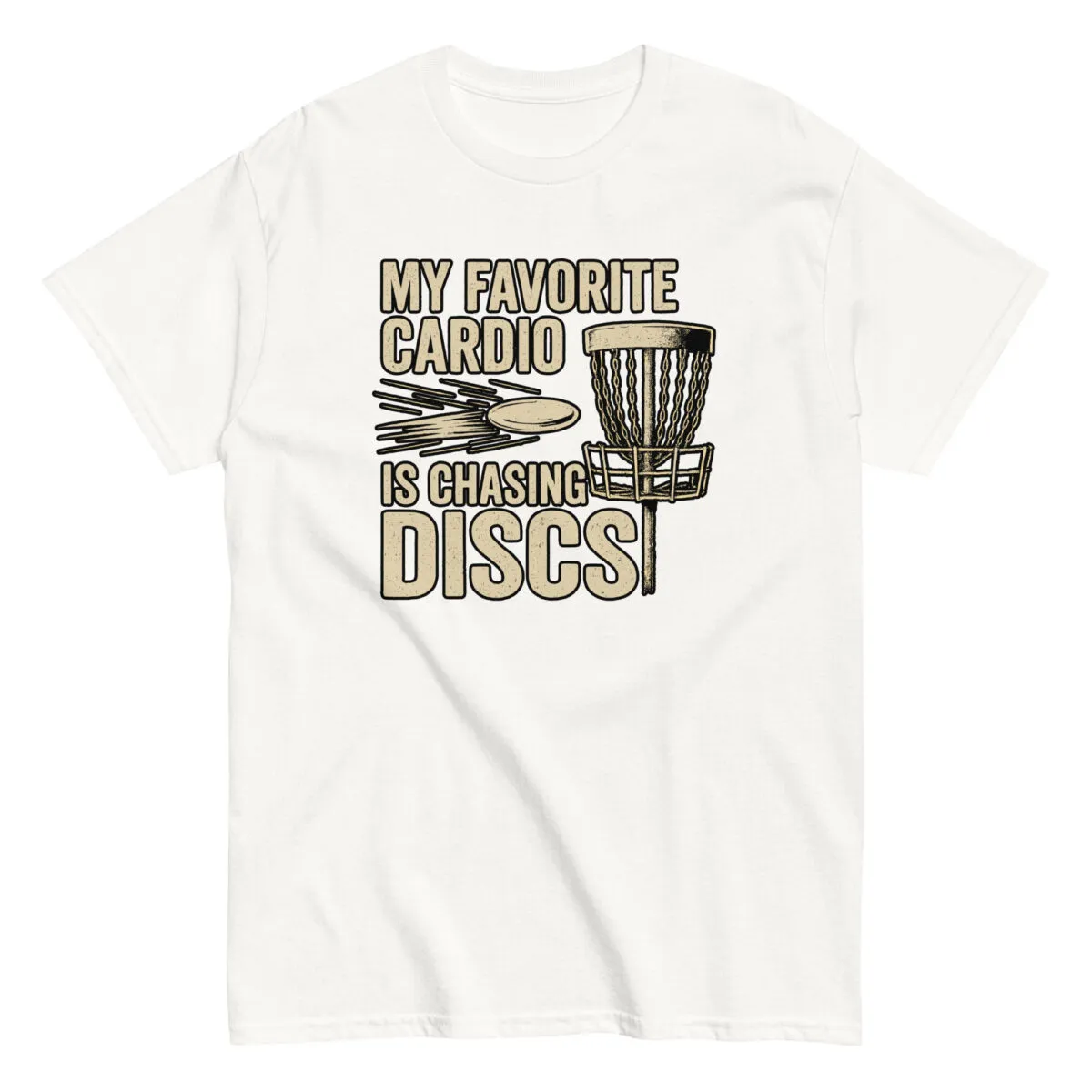 T-shirt with disc golf design and slogan.