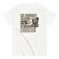 T-shirt with disc golf design and slogan.
