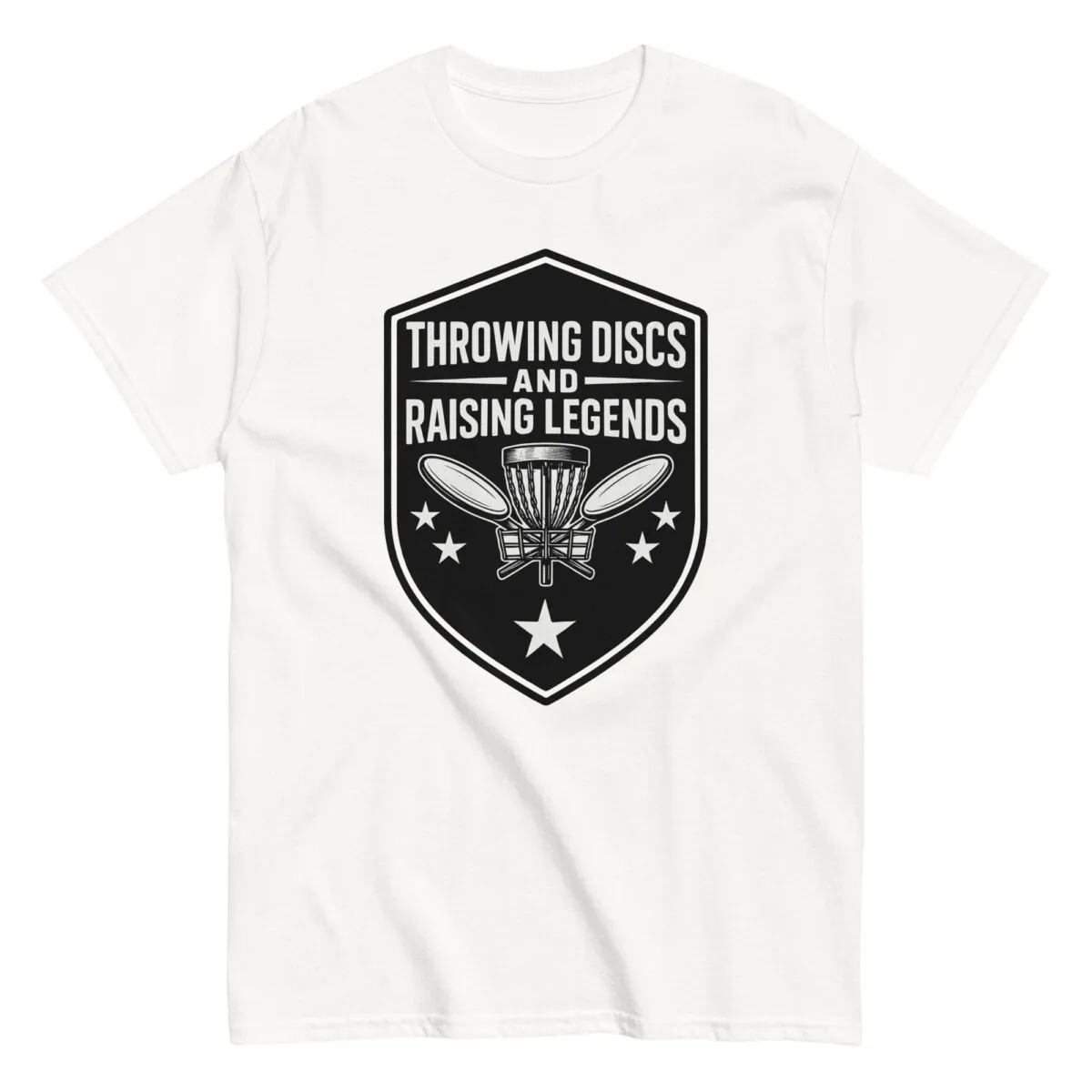 White t-shirt with disc golf emblem graphic.
