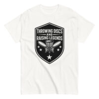 White t-shirt with disc golf emblem graphic.
