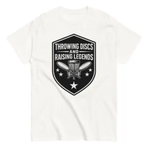 White t-shirt with disc golf emblem graphic.