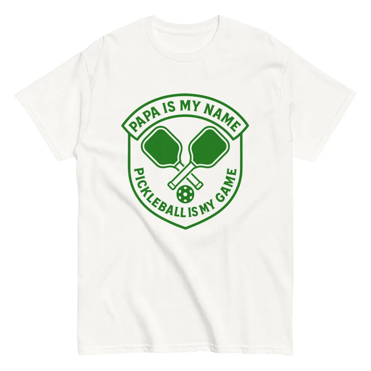 White T-shirt with pickleball graphic and text.