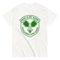 White T-shirt with pickleball graphic and text.