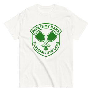 White T-shirt with pickleball graphic and text.