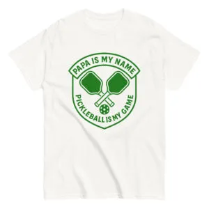 White T-shirt with pickleball graphic and text.