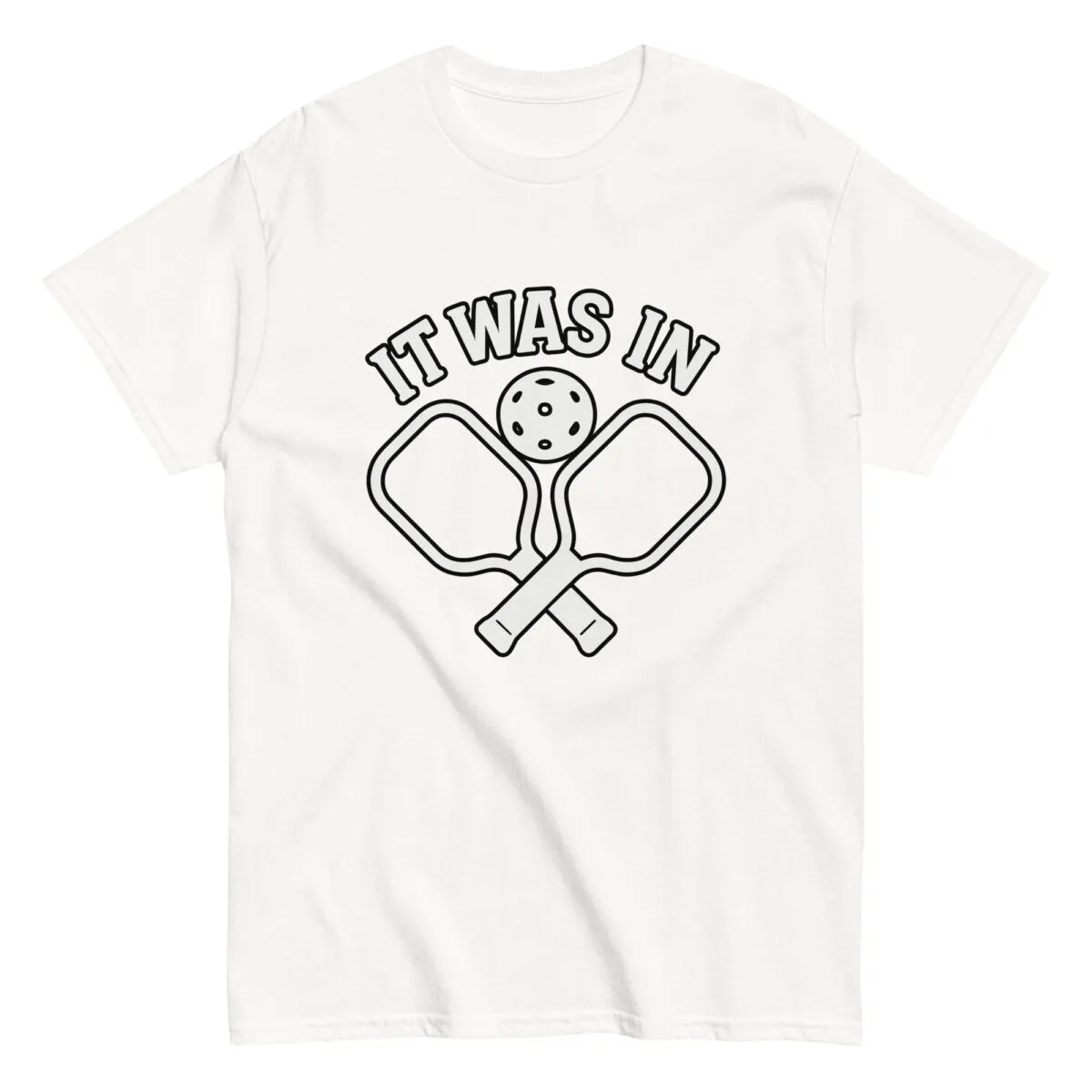 Pickleball shirt with paddles and ball design.