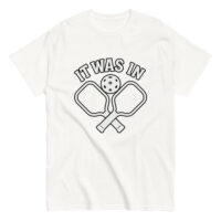 Pickleball shirt with paddles and ball design.