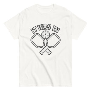 Pickleball shirt with paddles and ball design.