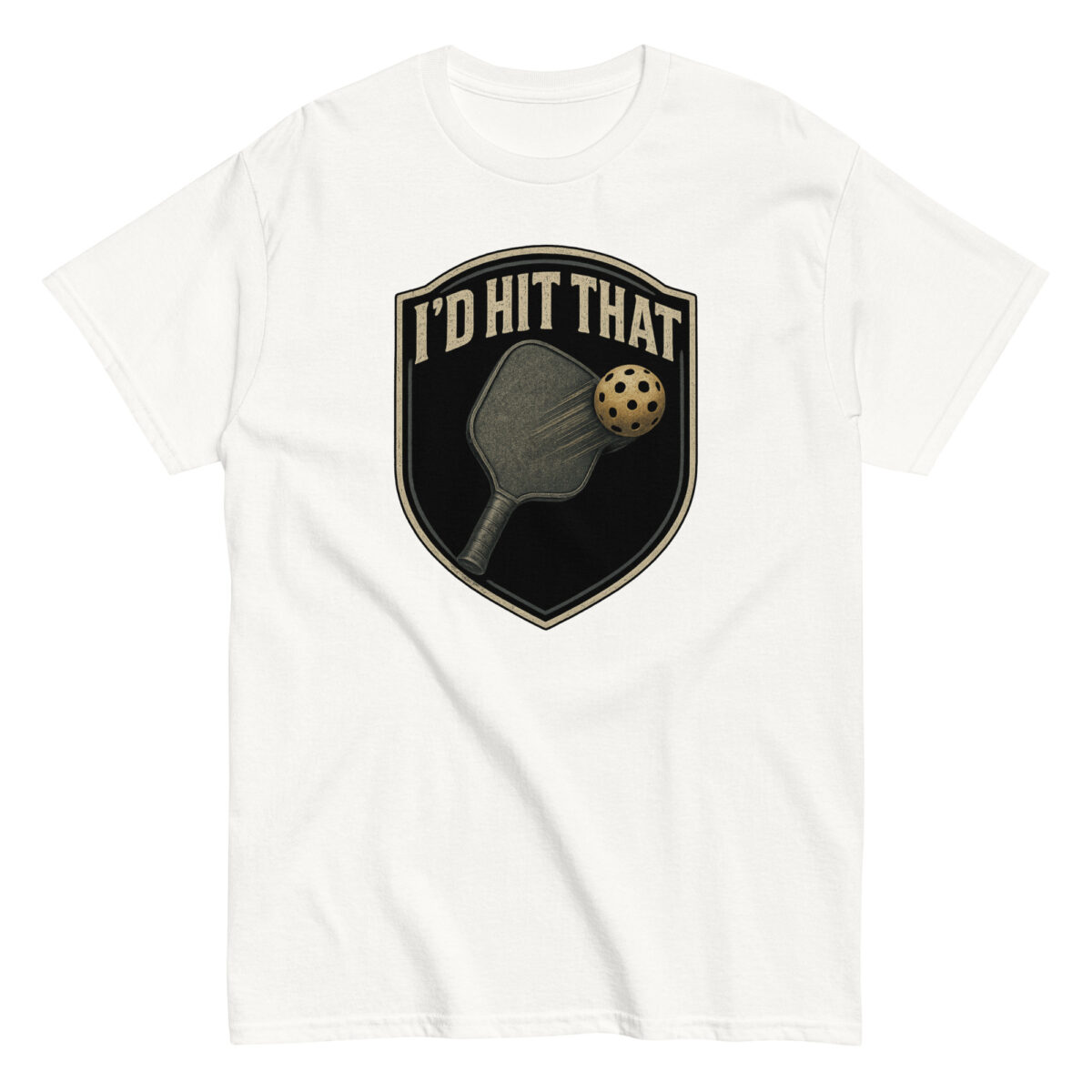 White pickleball shirt with humorous design