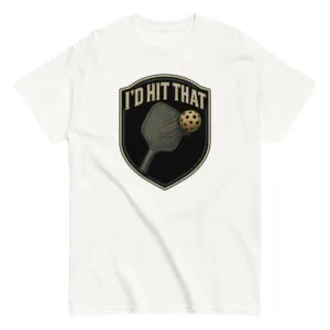 White pickleball shirt with humorous design