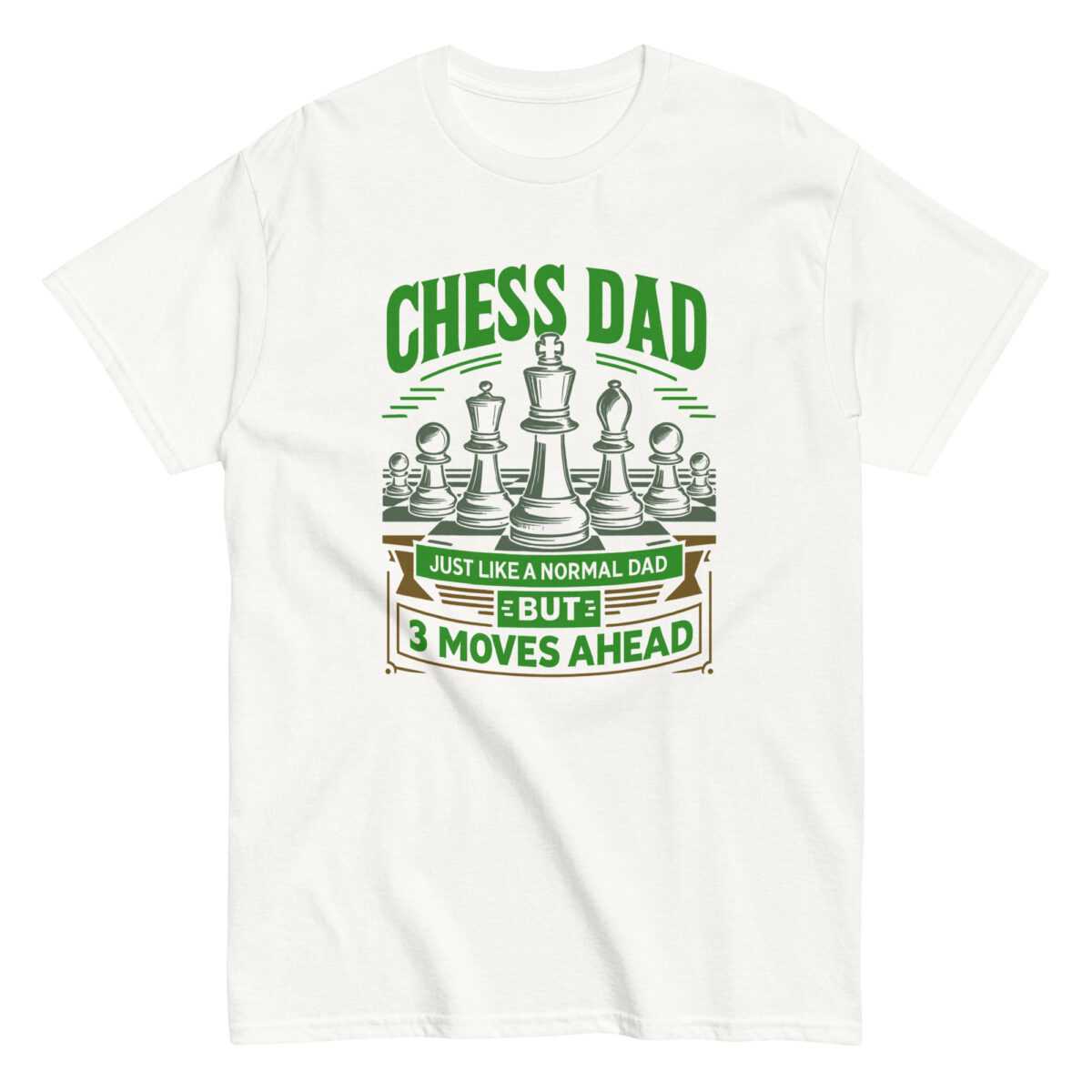 Chess Dad T-shirt with chess pieces illustration.