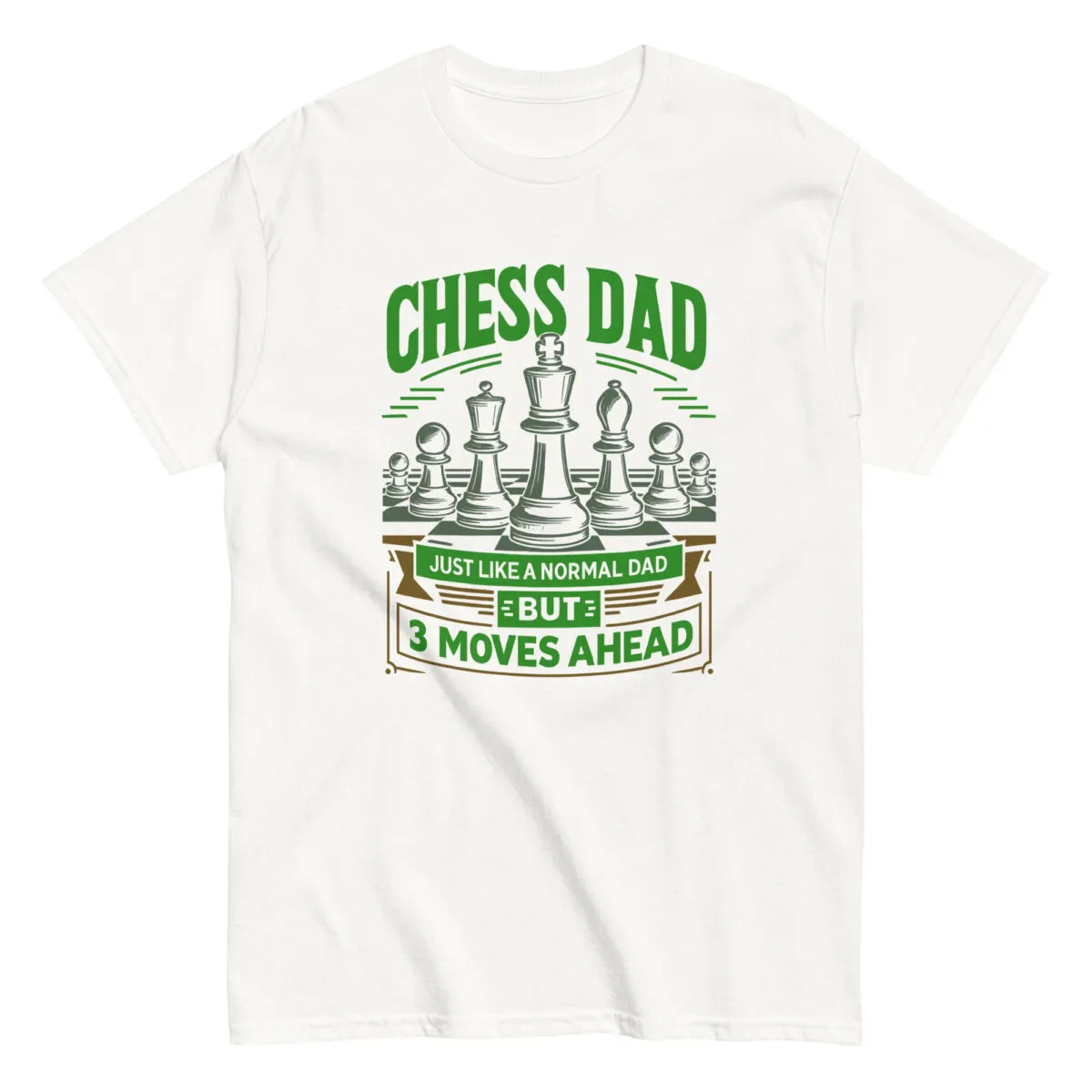 Chess Dad T-shirt with chess pieces illustration.