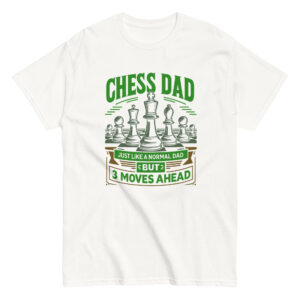 Chess Dad T-shirt with chess pieces illustration.