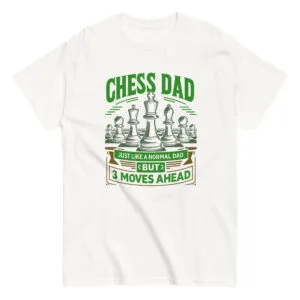 Chess Dad T-shirt with chess pieces illustration.