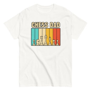 Chess Dad shirt with colorful chess pieces design.