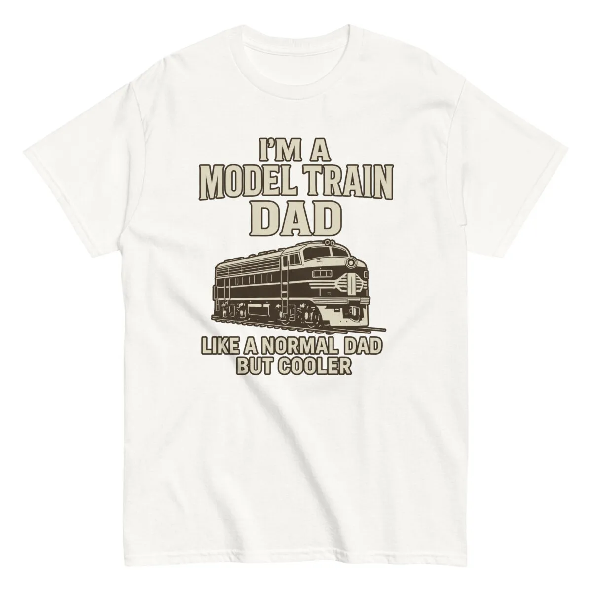 White shirt with model train dad graphic.