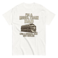 White shirt with model train dad graphic.
