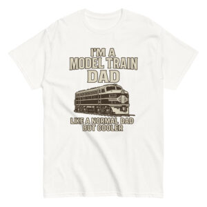 White shirt with model train dad graphic.