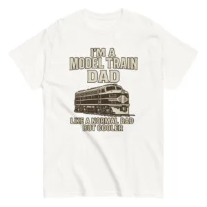White shirt with model train dad graphic.