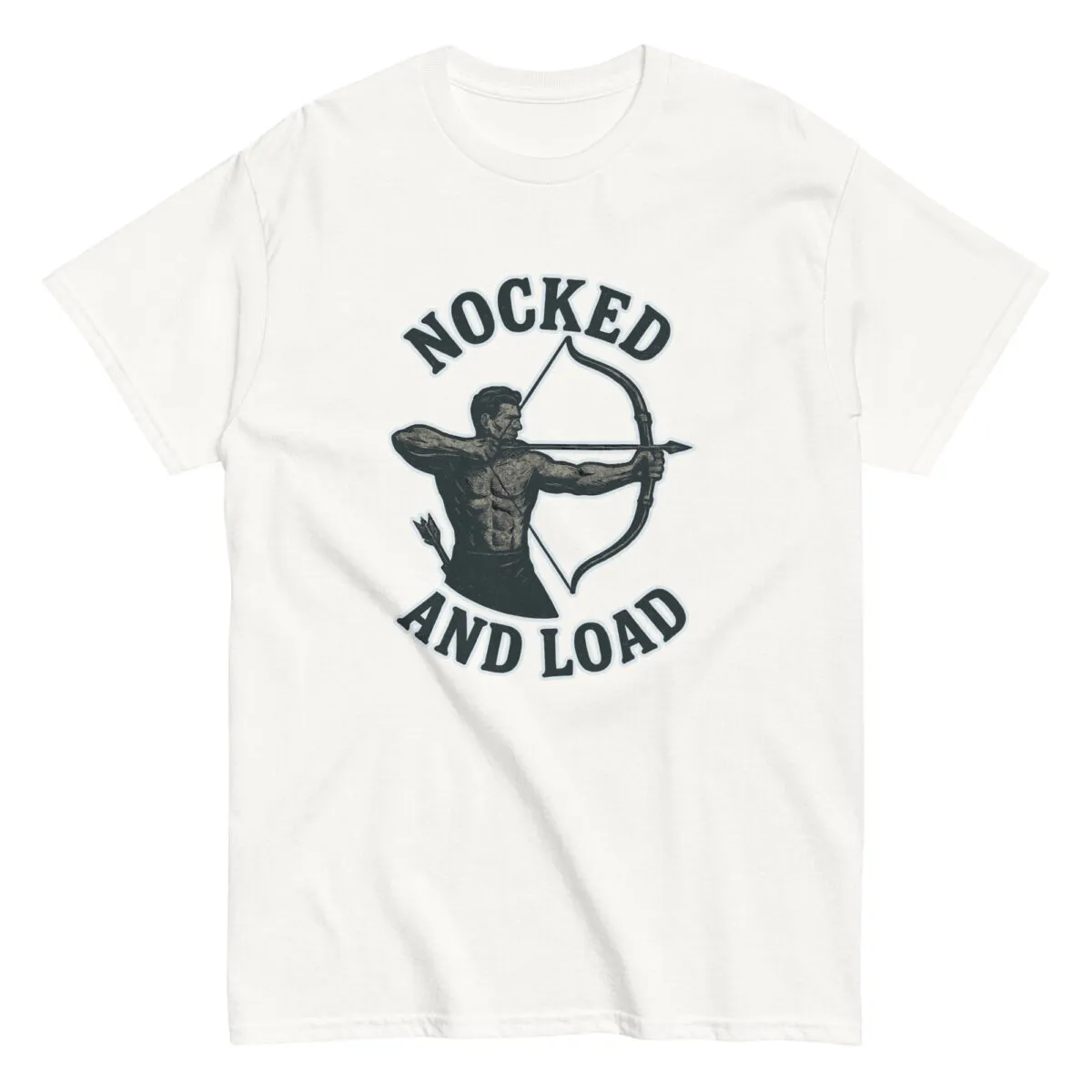 White T-shirt with archer and 'Nocked and Load' text.