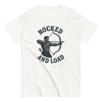 White T-shirt with archer and 'Nocked and Load' text.
