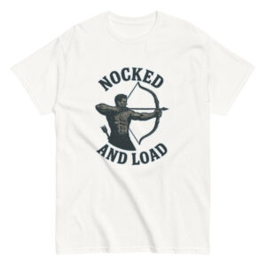 White T-shirt with archer and 'Nocked and Load' text.