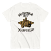 T-shirt with chessboard, dice, and card illustration.