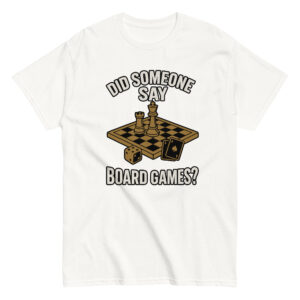 T-shirt with chessboard, dice, and card illustration.