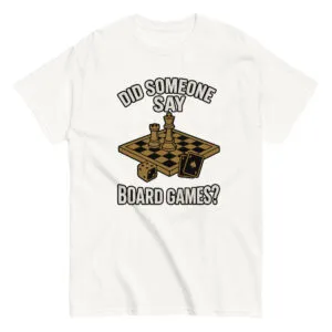 T-shirt with chessboard, dice, and card illustration.