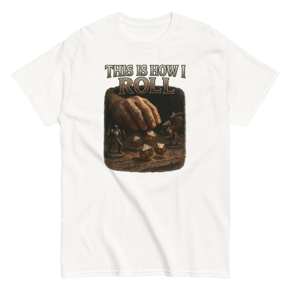 Dice-themed shirt with 'This is How I Roll' slogan.
