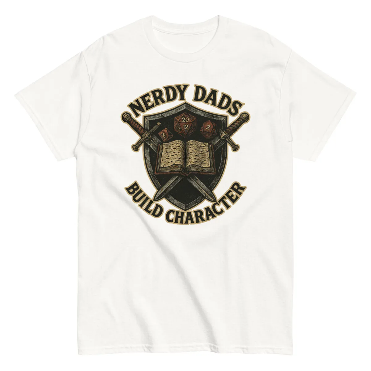 T-shirt with nerdy dads design and dice.