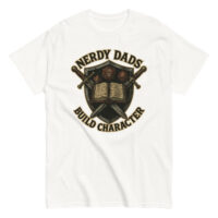 T-shirt with nerdy dads design and dice.