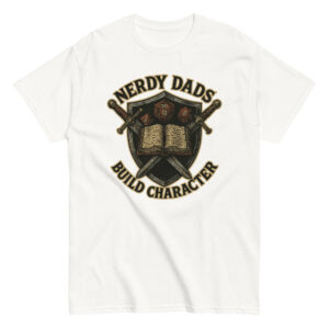 T-shirt with nerdy dads design and dice.